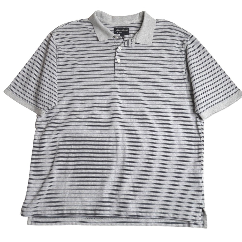 Eddie Bauer Striped‎ Pique Polo Shirt Short Sleeve Grey Mens Large